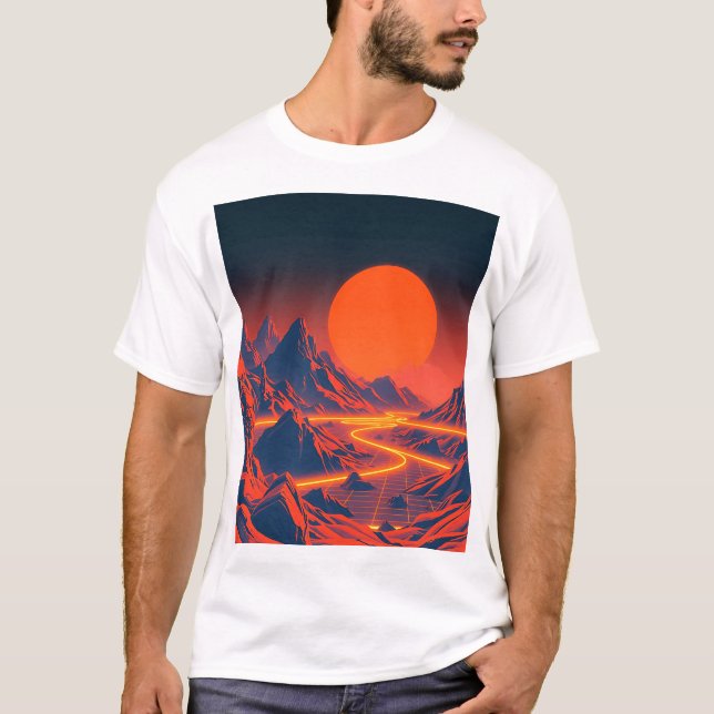 T-shirt Paysage Synthwave avec Montagnes Neon (Devant)
