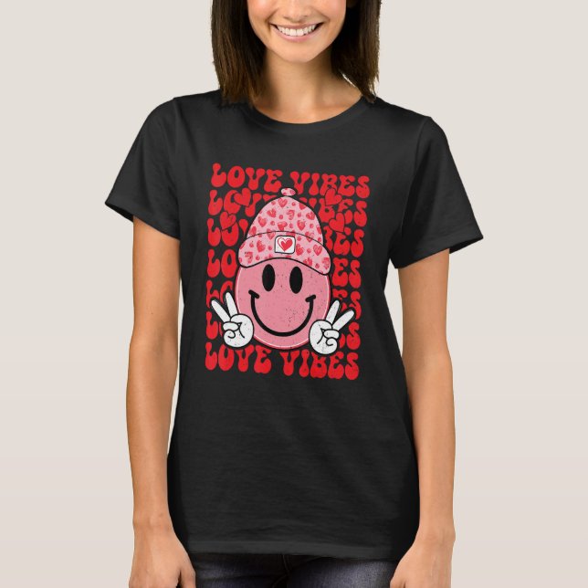 T-shirt Peace Hand Sign Retro Smile Face Love Vibes Valent (Devant)
