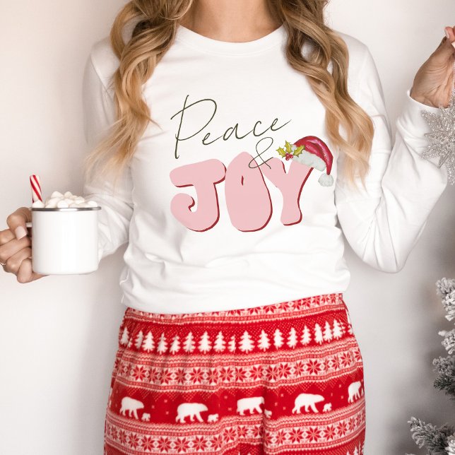 T-shirt Peace Joy Retro 80's Police Santa Hat Rose Rouge m (Hand lettered minimalist retro Christmas design)
