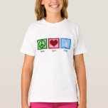 T-shirt Peace Loats Chèvres mignonnes Enfants<br><div class="desc">Un joli signe de paix vert,  un coeur rouge et une adorable chèvre sur un t-shirt enfant pour un amoureux des animaux de ferme ou une fille qui aime montrer des chèvres à des foires et des spectacles de bétail. T-shirt Peace Love Chèvres avec une jolie chèvre blanche.</div>