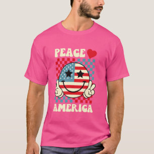T-shirt Peace Love America Smile Face US Drapeau 4e O