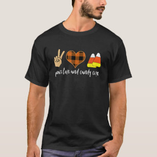 T-shirt Peace Love and Candy Corn Plaid Hippie Halloween