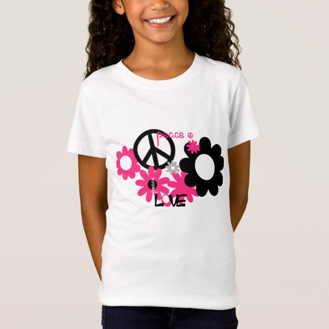 T-Shirt Peace Love and Flowers rose et noir chaud (Devant)