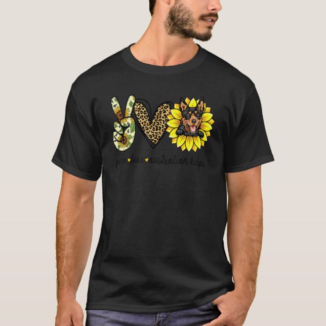 T-shirt Peace Love Australian Kelpie Chien Sunflower (Devant)