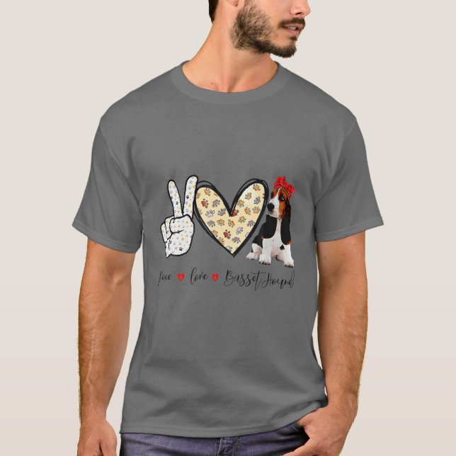 T-shirt Peace Love Basset Hound Funny T (Devant)