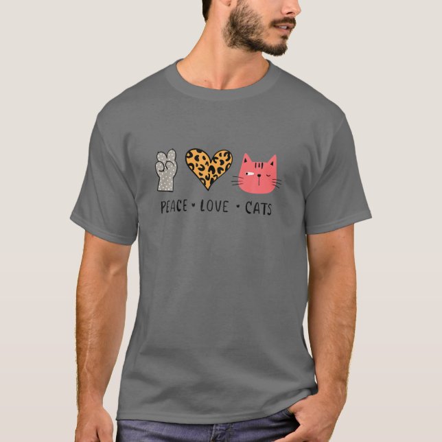 T-shirt Peace Love Cats - Leopard Heart Cat Paw Funny Cat (Devant)