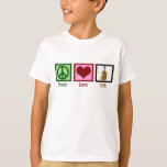 T-shirt Peace Love Cello Kids<br><div class="desc">Un beau cadeau de Noël de violoncelle pour un violoncelliste enfant dans votre vie. Cette conception Peace Love Cello présente un joli signe de paix,  le coeur,  et l'instrument de musique,  le violoncelle. Un grand cadeau pour un membre du quatuor à cordes dans un orchestre.</div>