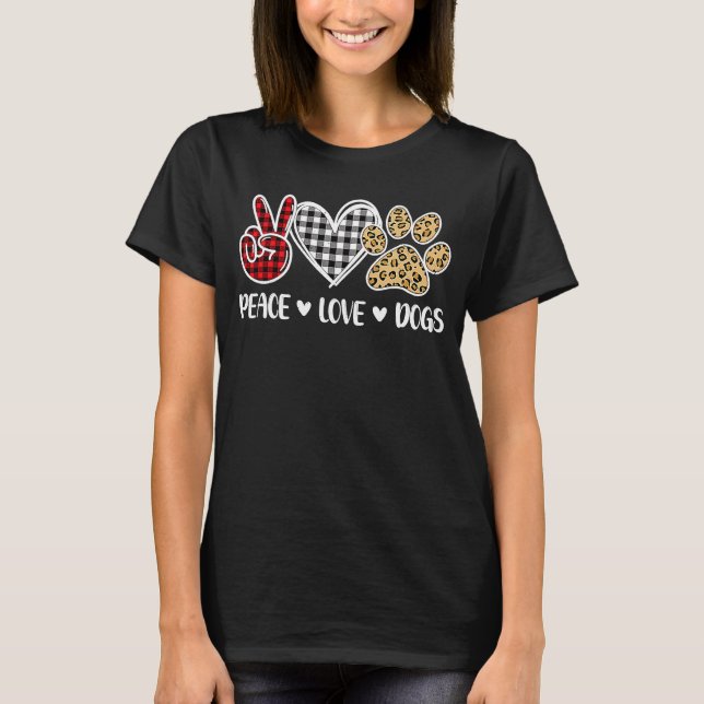 T-shirt Peace Love Chiens Paws Leopard Plaid Animaux Secou (Devant)
