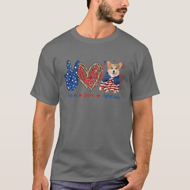 T-shirt Peace Love Corgi Chien Patriotique America Drapeau (Devant)