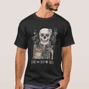 T-shirt Peace Love Crâne Et Chat Halloween Squelette Smile