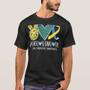 T-shirt Peace Love Cure Bleu & Jaune Ribbon Down Syndrome