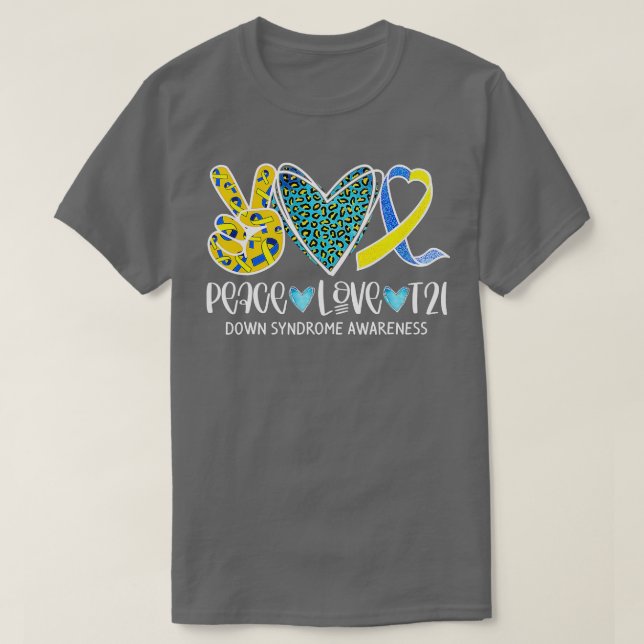 T-shirt Peace Love Cure Bleu & Jaune Ribbon Down Syndrome (Design devant)