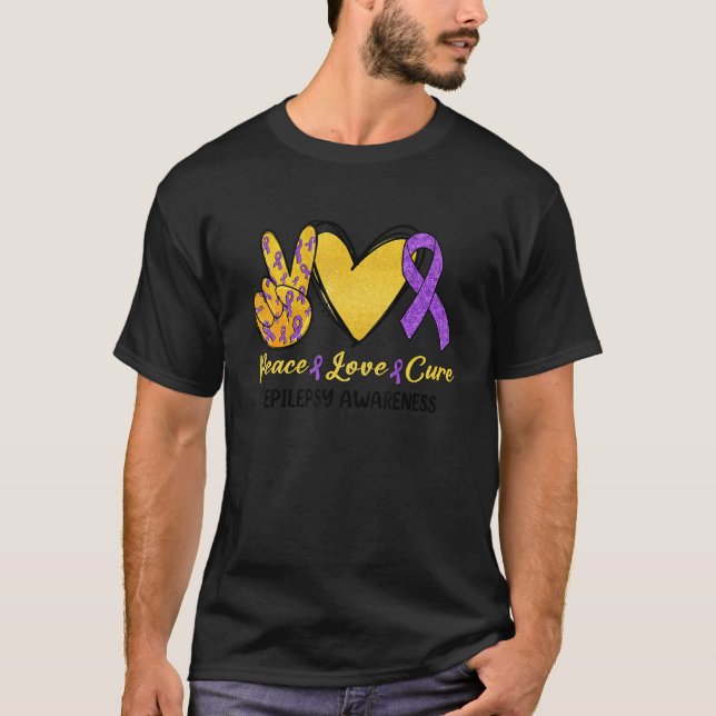 T-shirt Peace Love Cure Epilepsy Awareness Month Purple Ri (Devant)