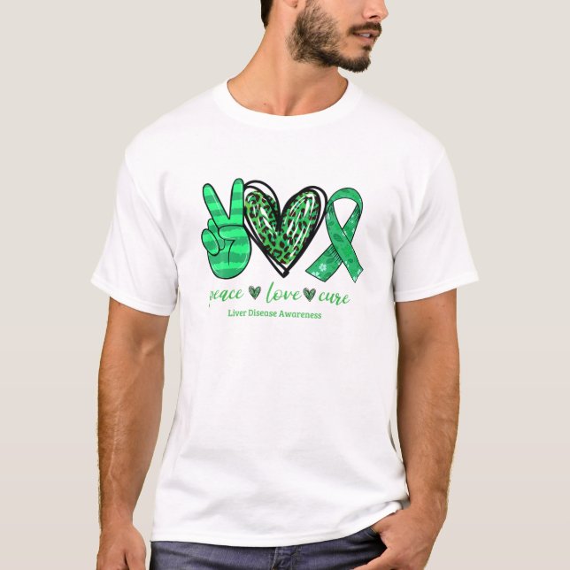 T-shirt Peace Love Cure Green Ribbon Liver Maladie de foie (Devant)