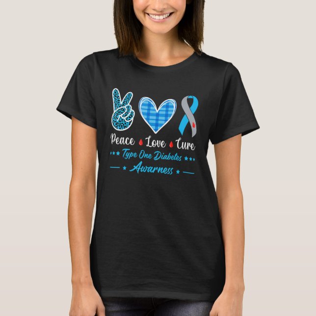 T-shirt Peace Love Cure Grey Blue Ribbon Diabète T1 Diabe (Devant)