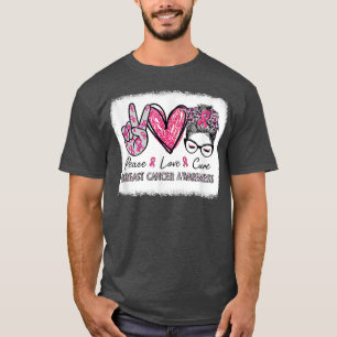T-shirt Peace Love Cure Messy Bun Pink Breast Cancer Aware