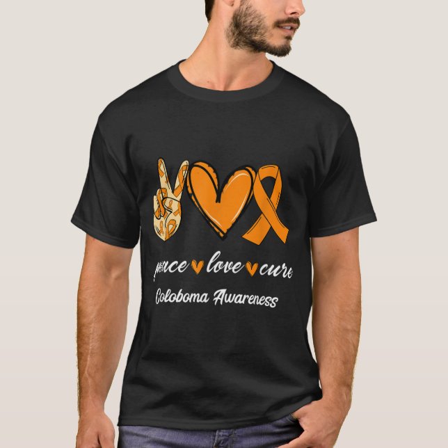 T-shirt Peace Love Cure Orange Ribbon Coloboma Sensibilisa (Devant)