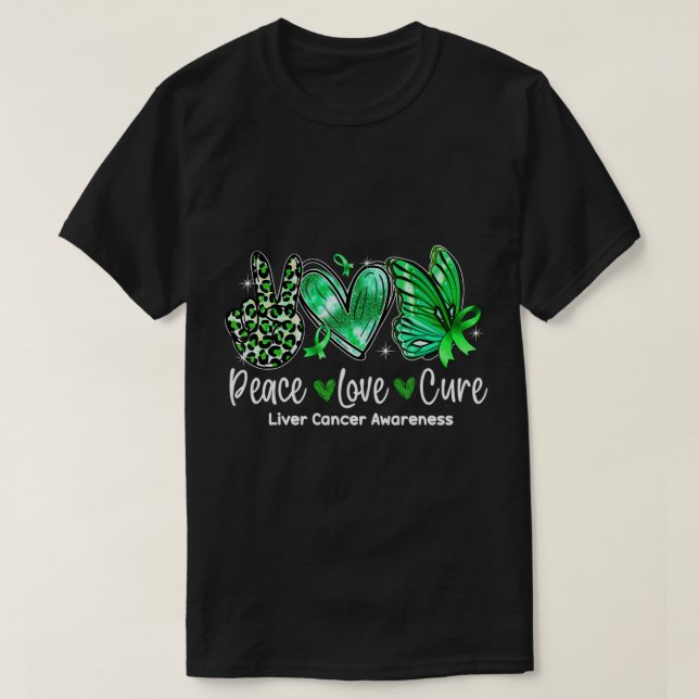 T-shirt Peace Love Cure Papillon Liver Sensibilisation au  (Design devant)