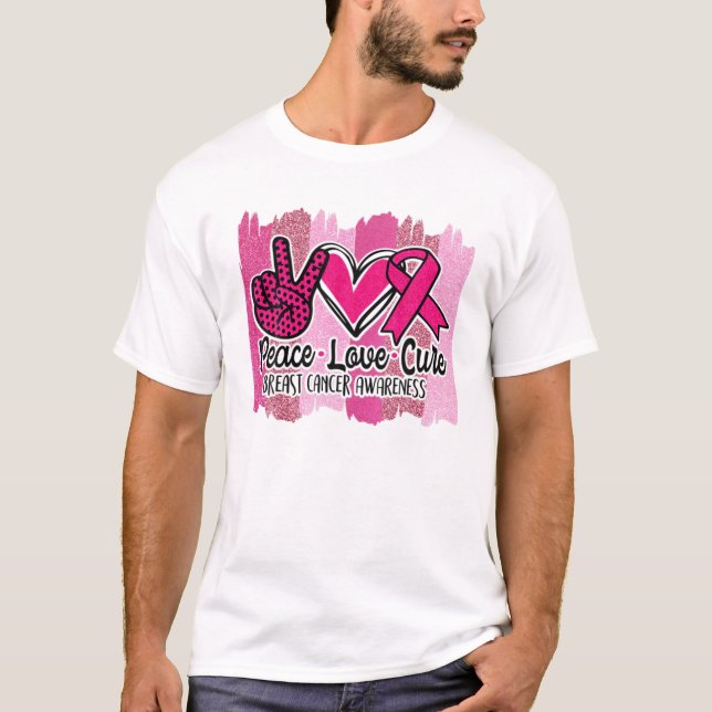 T-shirt Peace Love Cure Pink Ribbon Cancer du sein Lauréat (Devant)