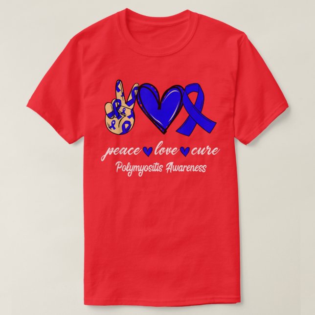 T-shirt Peace Love Cure Polymyositis Blue Ribbon Awareness (Design devant)