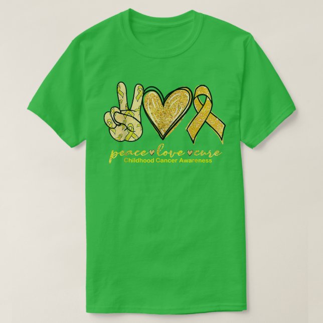 T-shirt Peace Love Cure Yellow Ribbon Cancer de l'enfance  (Design devant)
