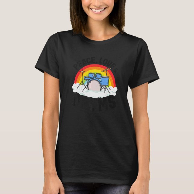 T-shirt Peace Love & Drums Rainbow Percussionist Drummer (Devant)