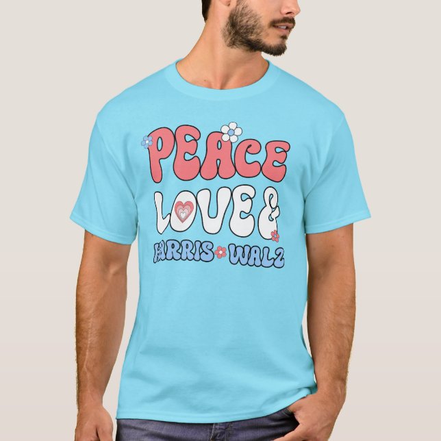 T-shirt Peace Love et Harris Walz Retro Hippie Style (Devant)