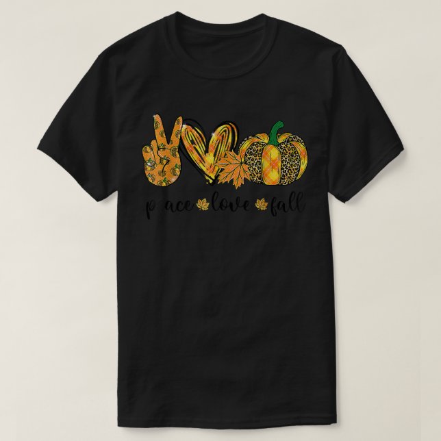 T-shirt Peace Love Fall Leopard Plaid Citrouille Automne M (Design devant)