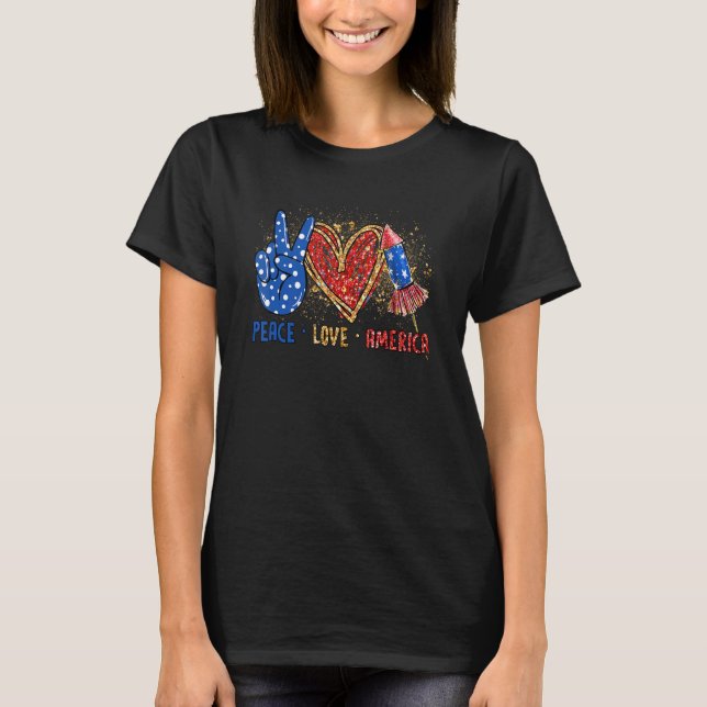 T-shirt Peace Love Firework Drapeau américain 4 juillet (Devant)