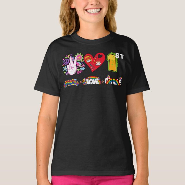 T-shirt Peace Love First Grade Squad Retour à l'école (Devant)
