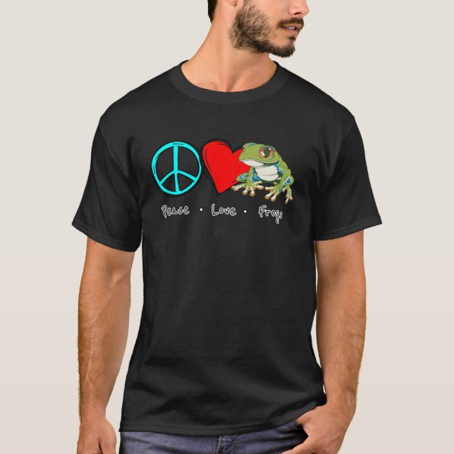 T-shirt Peace, Love, Frogs Green frog saying with tree fro (Devant)