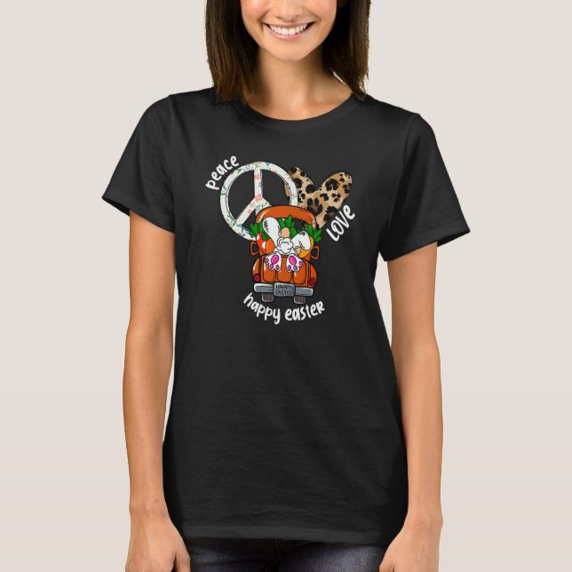 T-shirt Peace Love Happy Easter Leopard Heart Bunny Rabbit (Devant)