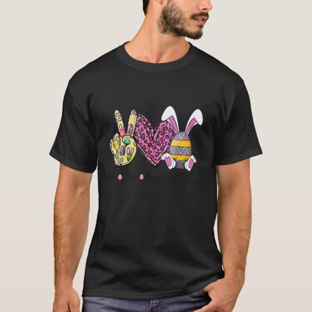 T-shirt Peace Love Happy Easter's Day Pink Leopard Eggs Bu (Devant)