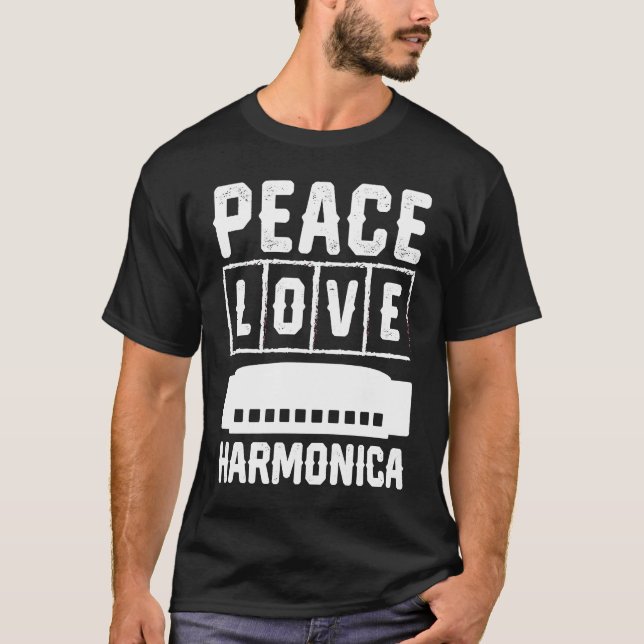 T-shirt Peace Love Harmonica (Devant)