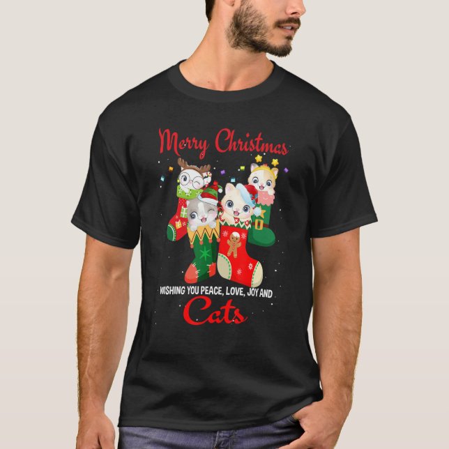 T-shirt Peace Love Joy And Cats In Sock Christmas For Cat (Devant)