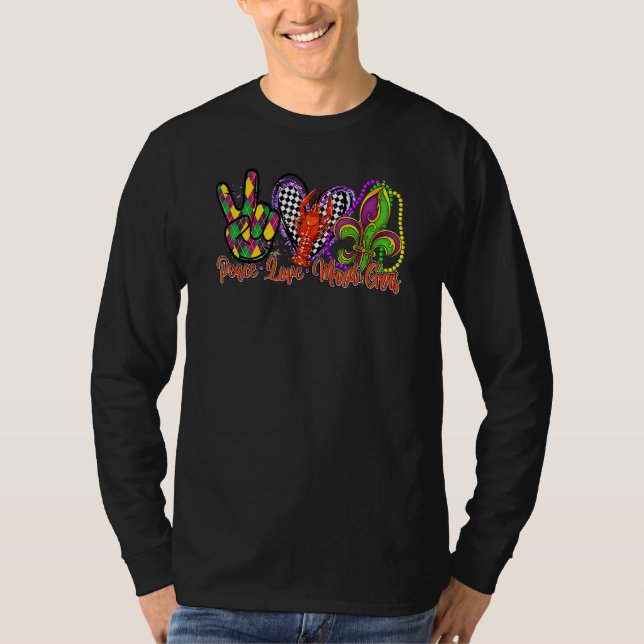 T-shirt Peace Love Mardi Gras Crawfish Heart Checked Festi (Devant)