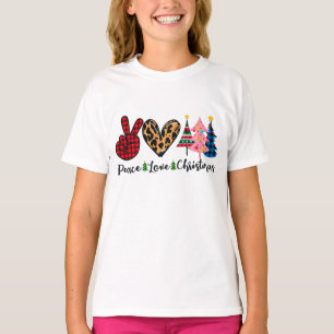 T-shirt Peace Love Noël en Pink Blue Green Holiday T-