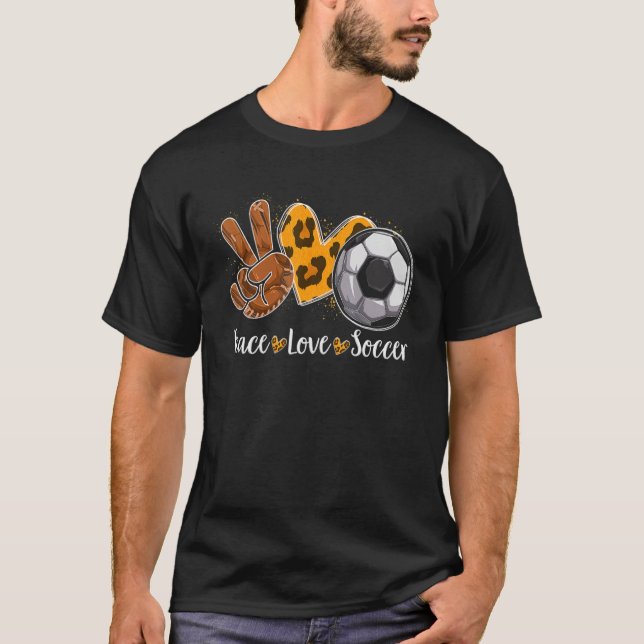 T-shirt Peace Love Soccer Empreinte de léopard Cheetah Mot (Devant)