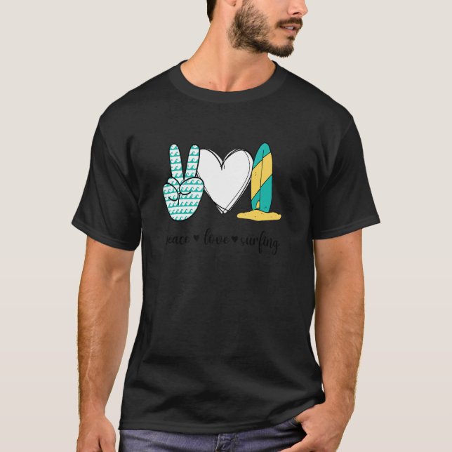 T-shirt Peace Love Surfing Peace Hand Sign Surfing (Devant)
