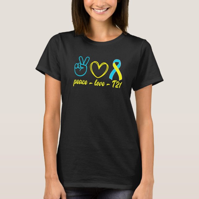 T-shirt Peace Love T21 Yellow Blue Ribbon Down Syndrome Aw (Devant)