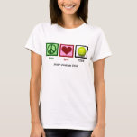 T-shirt Peace Love Tennis Cute Custom Femmes<br><div class="desc">Êtes-vous le professionnel du tennis de votre lycée ou de l'université ? Personnalisez ce joli tee pro de tennis féminin avec votre nom d'école et d'équipe sous le signe de la paix,  le coeur,  et le ballon de tennis. Un joli t-shirt de joueur de tennis pour femmes.</div>