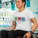 T-shirt Peace Love Thérapie récréative Thérapiste sur mesu<br><div class="desc">Peace Love Recreational Therapy. Un beau cadeau de récréation thérapeutique pour un thérapeute qui utilise des interventions pour aider les personnes handicapées. Un signe de paix,  un coeur et une personne en fauteuil roulant. Personnalisez ce t-shirt thérapeute avec un nom.</div>