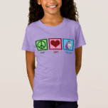 T-Shirt Peace Love Unicorns Enfants<br><div class="desc">Un signe de paix vert,  un coeur rouge et une jolie licorne avec une mignonne crinière violette. J'aime les animaux d'imaginaire et les licornes sont mes préférés. Ajoutez ce beau tee-shirt enfant à licorne à votre collection.</div>