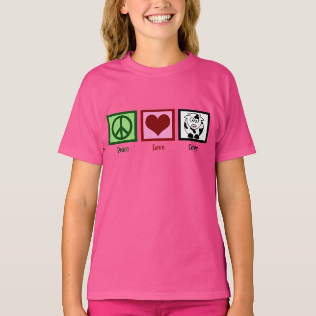 T-shirt Peace Love Vaches mignonnes Enfants roses (Devant)