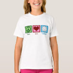 T-shirt Peace Love Volleyball Girls<br><div class="desc">Un signe de paix, un coeur, et un joli volley-ball en bleu sur un mignon t-shirt enfant. J'adore le volley, la plage, l'intérieur, vous le nommez ! T-shirt Peace Love Volleyball Girls.</div>