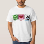 T-shirt Peace Love Windsurf<br><div class="desc">Panneau de tranquillité,  coeur,  et une personne planche à voile sur le bleu de l'océan.</div>