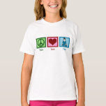 T-shirt Peace Love Yoga Kids<br><div class="desc">Un signe de paix vert,  un coeur rouge,  et une femme en tenue bleue dans une pose de yoga fait un très joli design de yoga.</div>