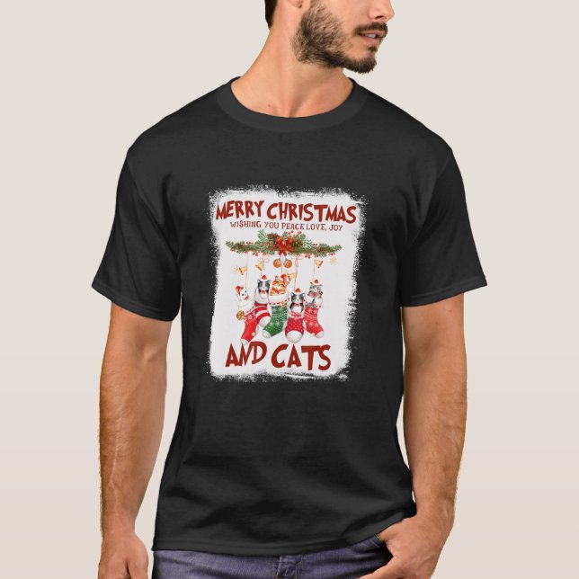 T-shirt Peace Loy Joy Et Chats En Chat De Noël Sock (Devant)