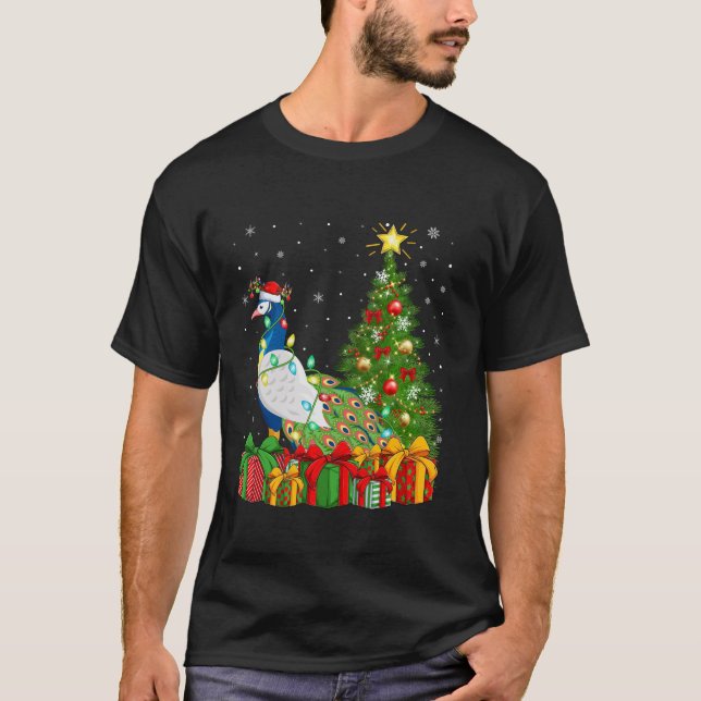 T-shirt Peacock Bird Xmas Tree Lighting Santa Hat Peacock (Devant)
