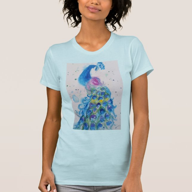 T-shirt Peacock bleu aquarelle peinture art Femmes (Devant)